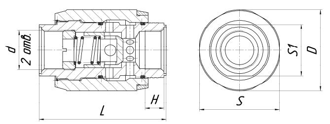 Габаритные и присоединительные размеры дросселя линейного с обратным клапаном типа ДЛК