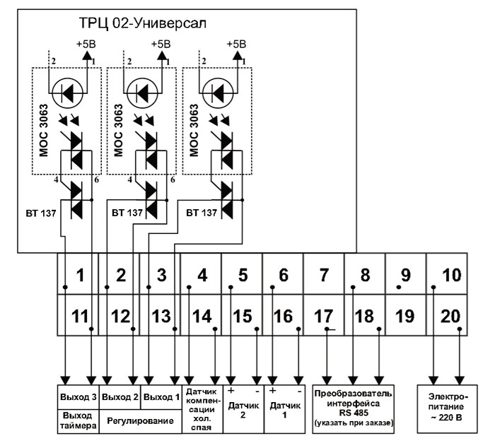 Общая схема подключения измеритель-регулятора ТРЦ 02 Универсал+